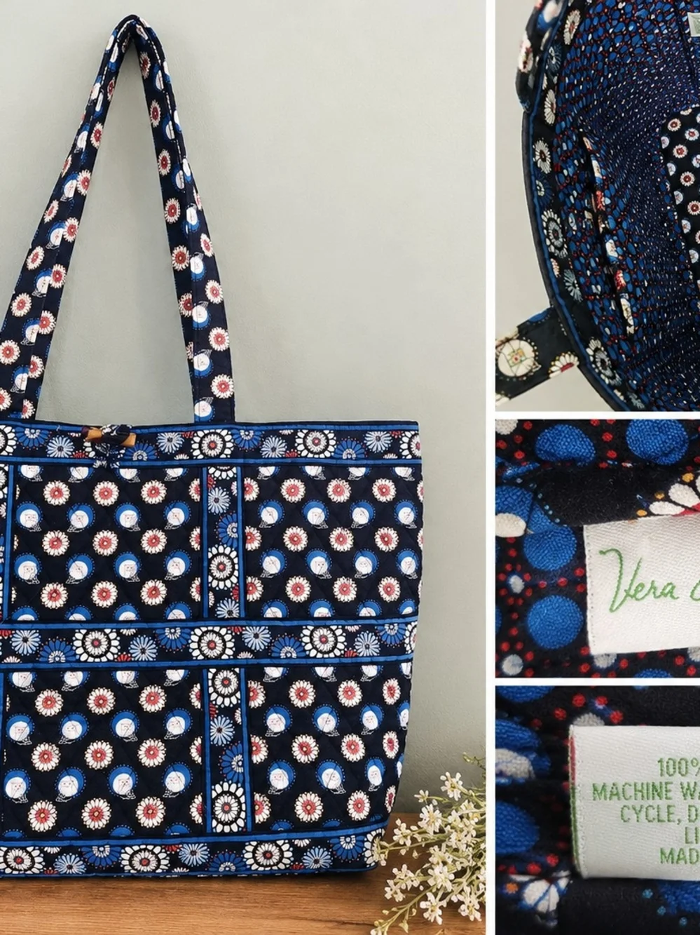 Vera Bradley Navy Floral Quilted Tote in Blue, White & Red